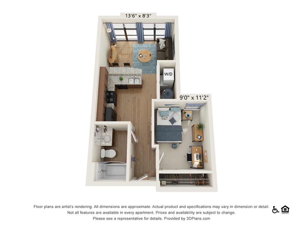 1 Bedroom - 1 Bath (1B) floorplan