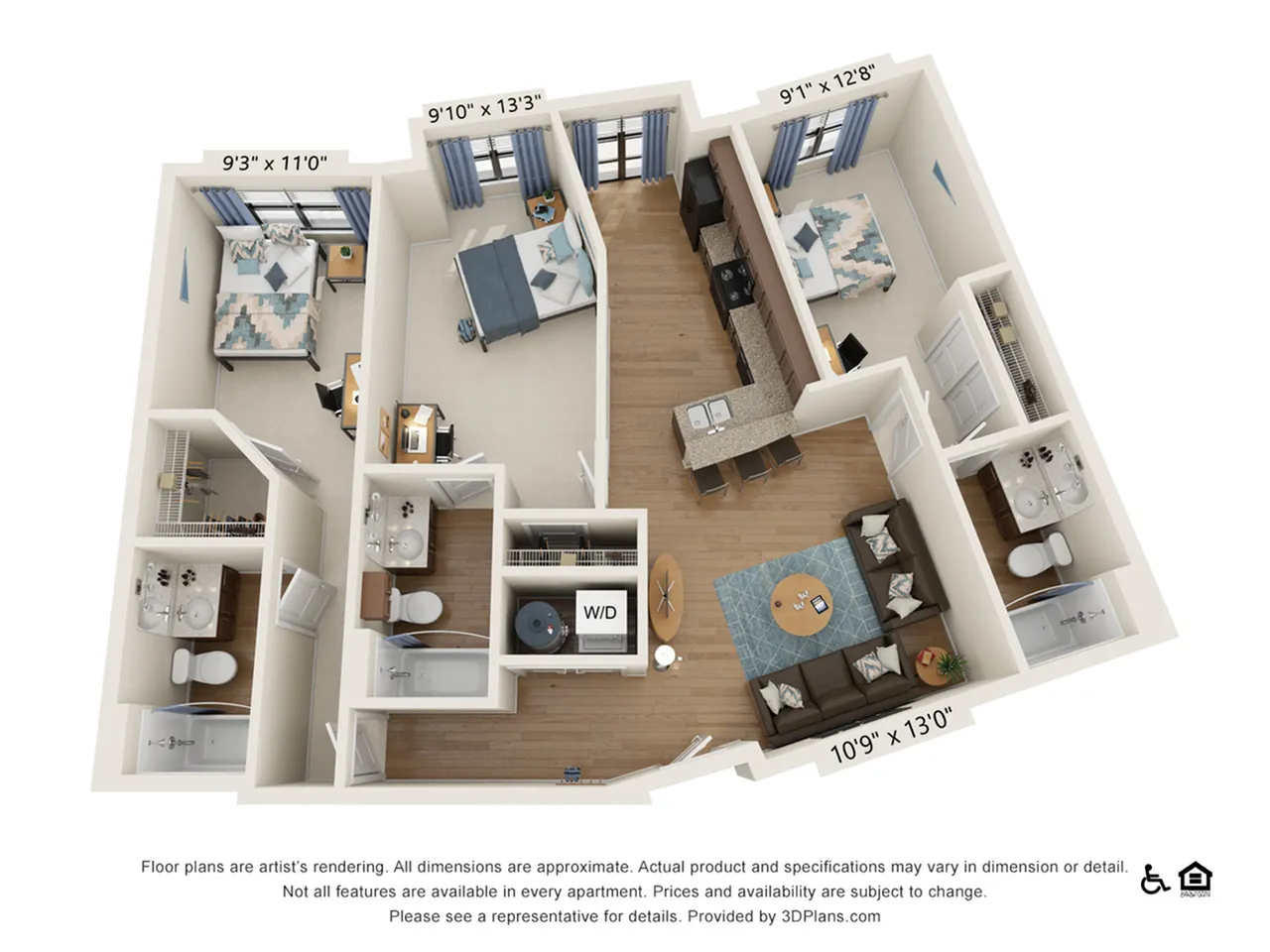 3 Bedroom - 3 Bath (3A) floorplan