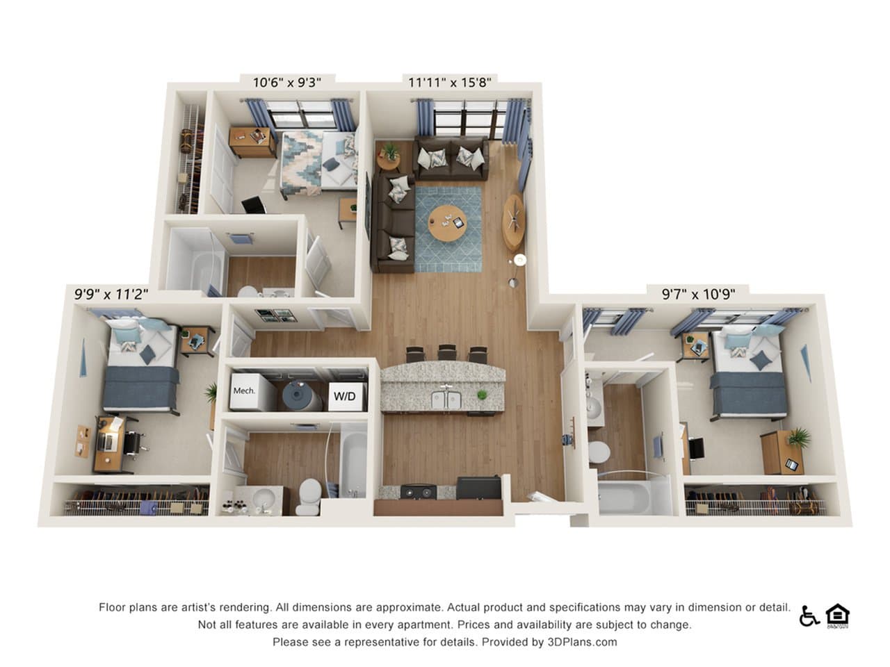3 Bedroom - 3 Bath (3B) floorplan
