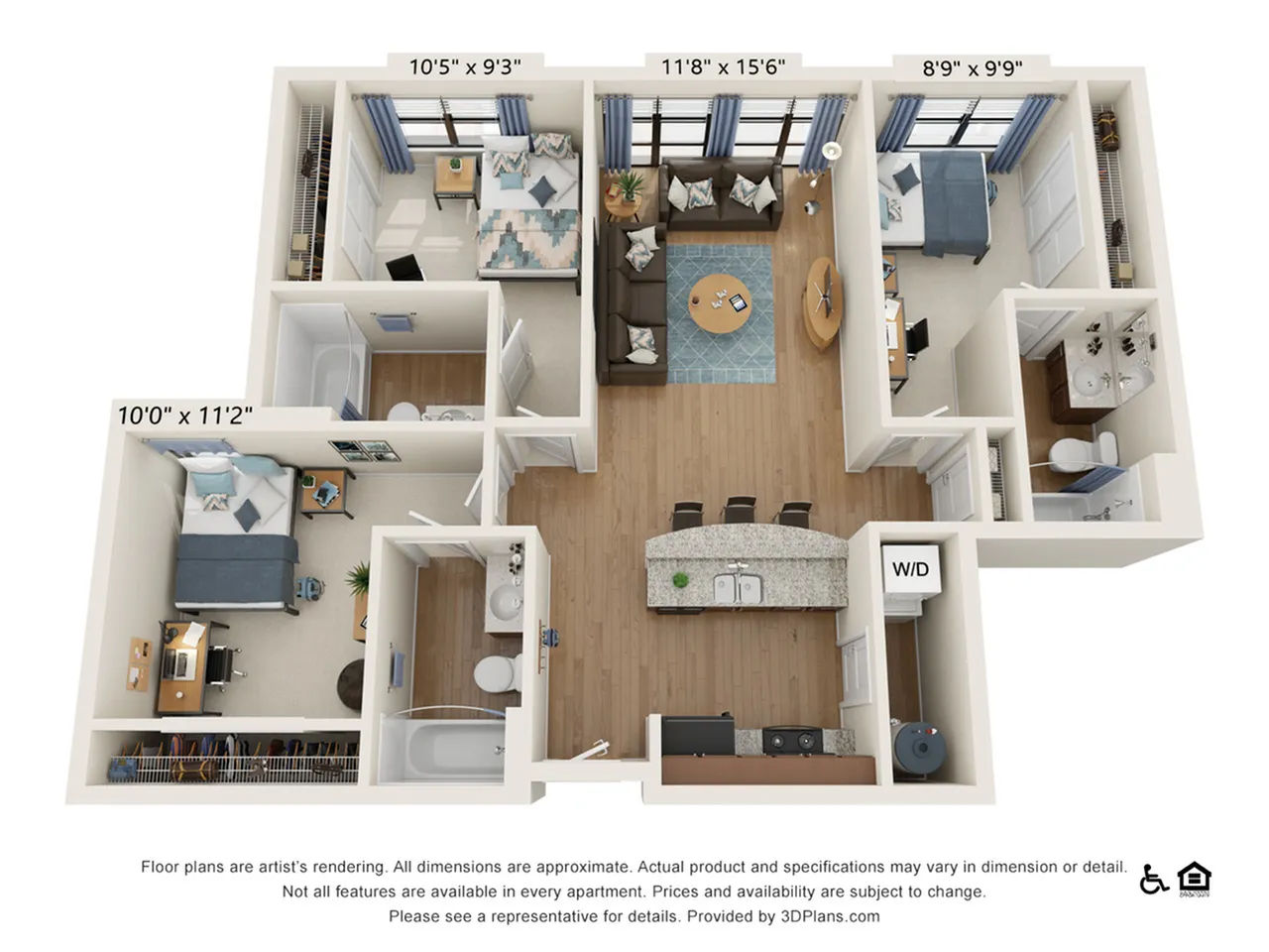3 Bedroom - 3 Bath (3C) floorplan