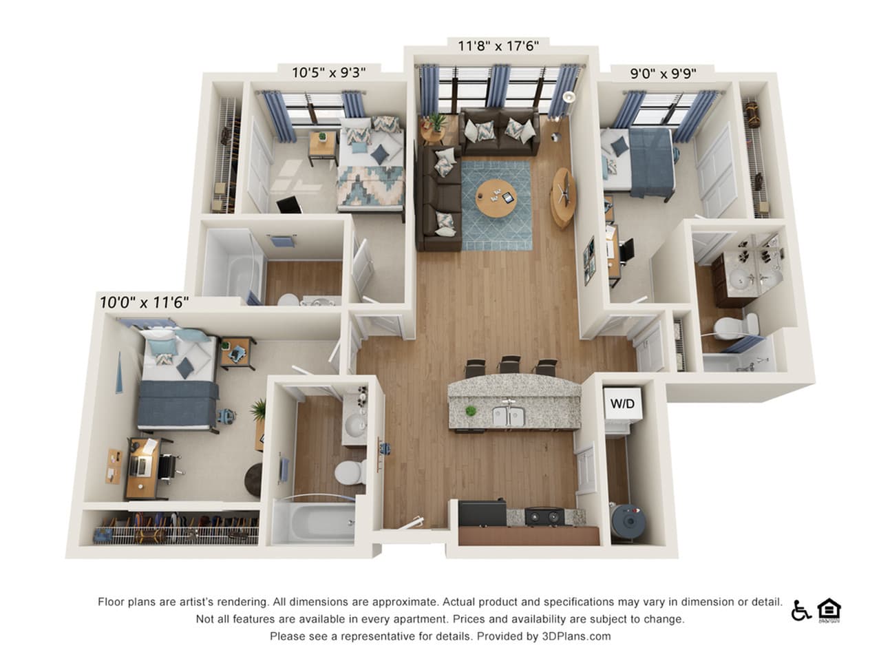 3 Bedroom - 3 Bath (3D) floorplan