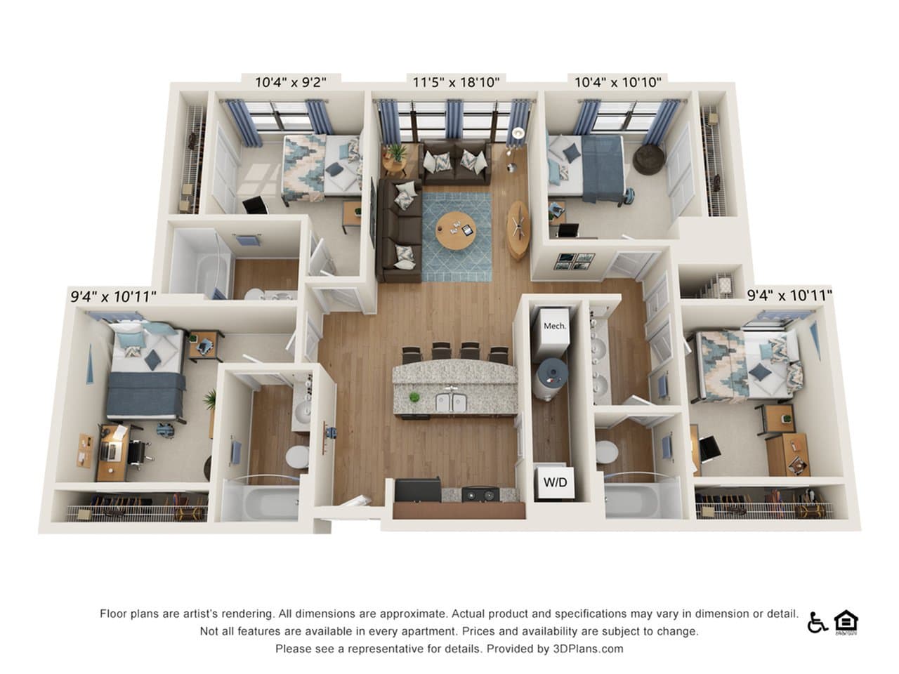 4 Bedroom - 3 Bath (4B) floorplan